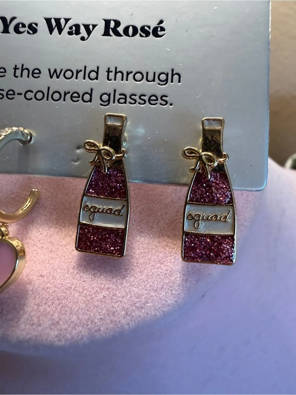 New Sugarfix BaubleBar Pink Heart & Glitter Rosé Bottle Earring Set